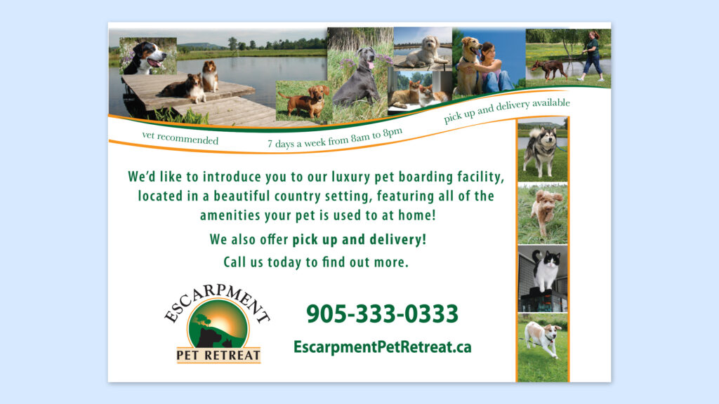 An Escarpment Pet Retreat flyer.