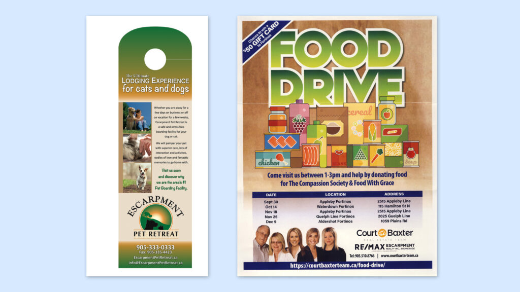 Escarpment Pet Retreat and Remax Food Drive flyers.