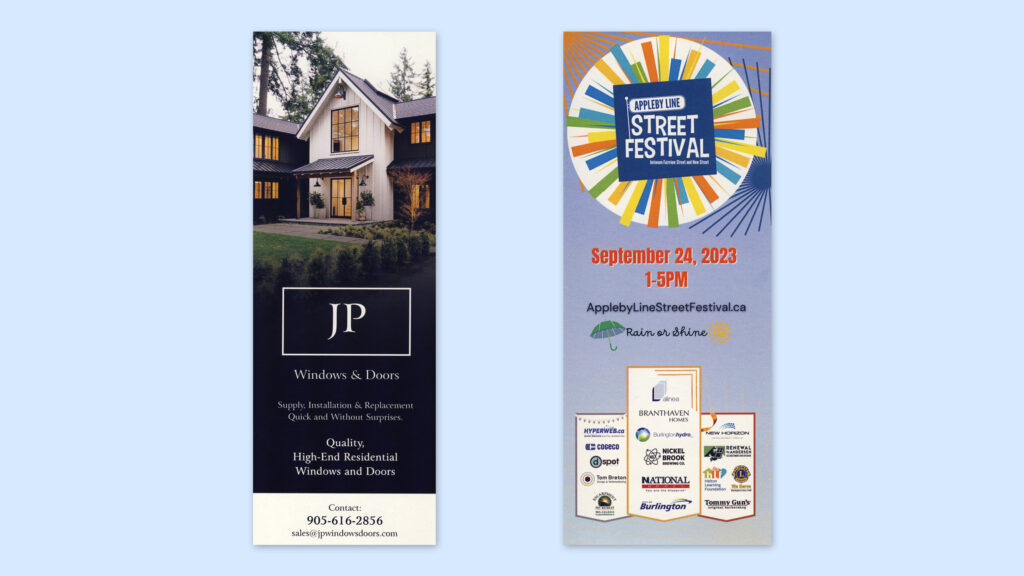 Two vertical flyers: JP Windows & Doors and Appleby Line Street Festival.