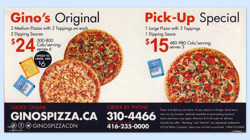 Gino's Pizza flyer, depicting Gino's Original pizza and a Pick-Up Special